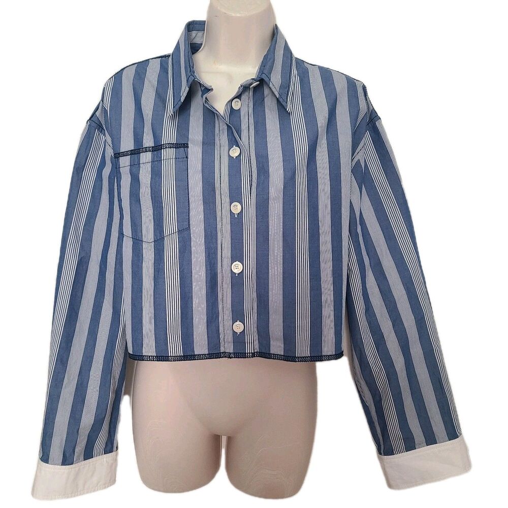 Women Sandro sz 4 Cropped Collared Striped Long Sleeve Blouse SHIRT Top - Picture 2 of 12